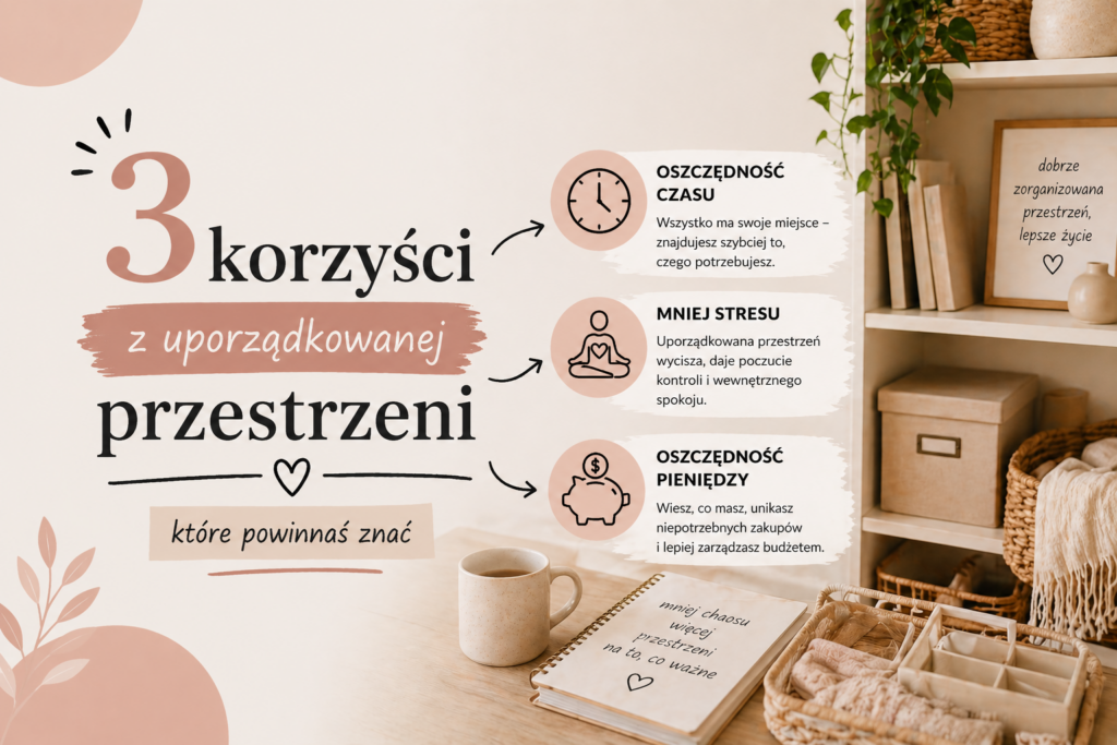 3 korzyści z uporządkowanej przestrzeni: oszczędność czasu, oszczędność pieniędzy, redukcja stresu